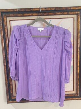 Current Air Lavender Blouse Size Small V-Neck Ruffle Sleeve Textured Top